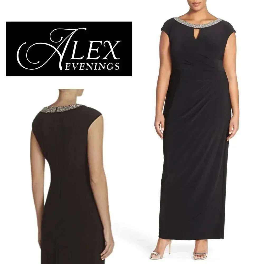 Alex Evenings, Beaded‎ Neck Ruched Gown, Black, Size 14 Petite